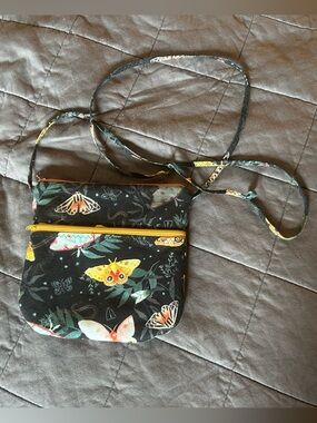 Black Floral Moth/Butterfly Crossbody Bag with Yellow and Coral Zippers
